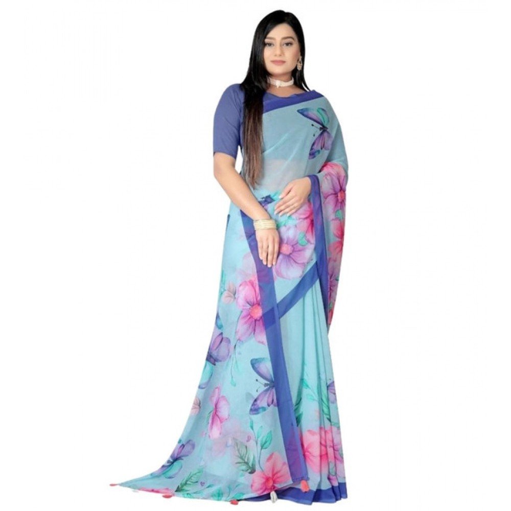 Generic Women's Georgette Floral Printed Saree With Unstitched Blouse 5.5Mtr (Blue)