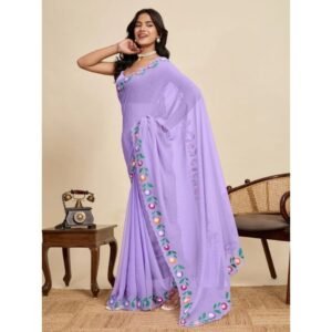 Generic Women's Georgette Printed Saree With Unstitched Blouse 5.5Mtr (Lavender)