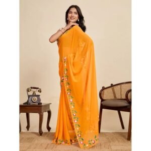Generic Women's Georgette Printed Saree With Unstitched Blouse 5.5Mtr (Yellow)