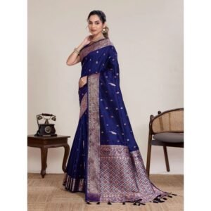 Generic Women's Jacquard Woven Saree With Unstitched Blouse 5.5Mtr (Navy)