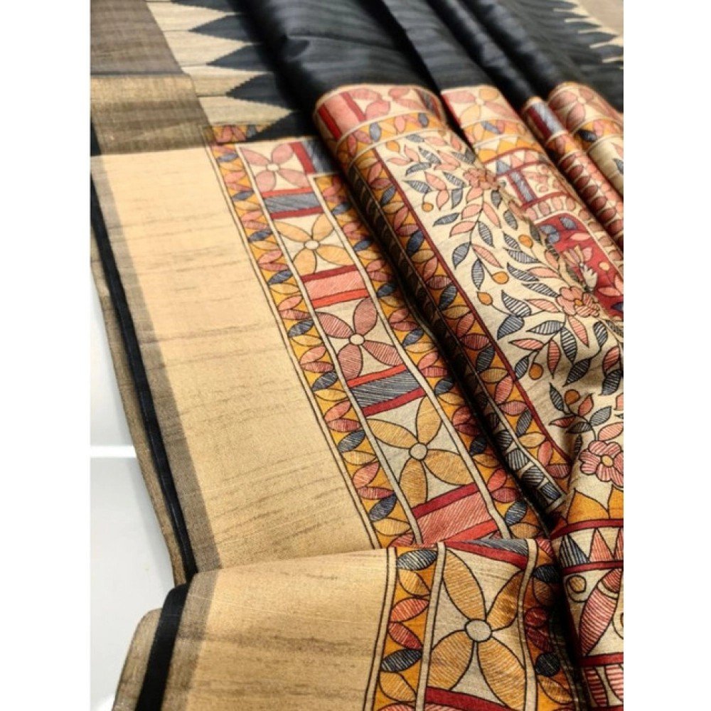Generic Women's Tussar Silk Madhubani Saree With Unstitched Blouse 5.5Mtr (Black)