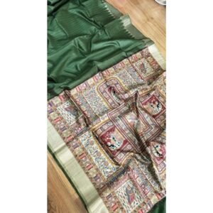 Generic Women's Tussar Silk Madhubani Saree With Unstitched Blouse 5.5Mtr (Green)