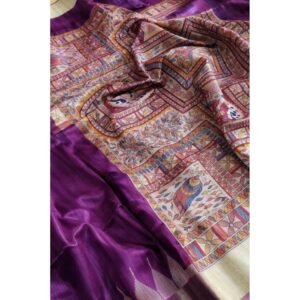 Generic Women's Tussar Silk Madhubani Saree With Unstitched Blouse 5.5Mtr (Purple)