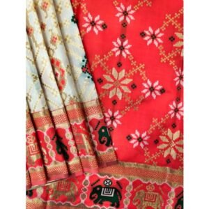 Generic Women's Patola Silk Meena And Zari Woven Saree With Unstitched Blouse 5.5Mtr (White)