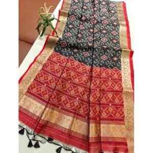 Generic Women's Raw Silk Ikkat Saree With Unstitched Blouse 5.5Mtr (Black)