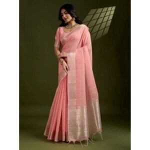 Generic Women's Tissue Checks_With_Buttis Saree With Unstitched Blouse 5.5Mtr (Peach)