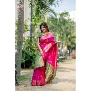 Generic Women's Katan_Silk Zari_Weaving Saree With Unstitched Blouse 5.5Mtr (Pink)