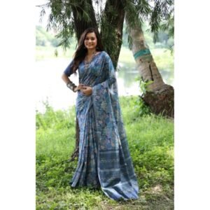 Generic Women's Faux_Tussar_Silk Abstract_Print Saree With Unstitched Blouse 5.5Mtr (Blue)