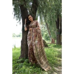 Generic Women's Faux_Tussar_Silk Abstract_Print Saree With Unstitched Blouse 5.5Mtr (Brown)