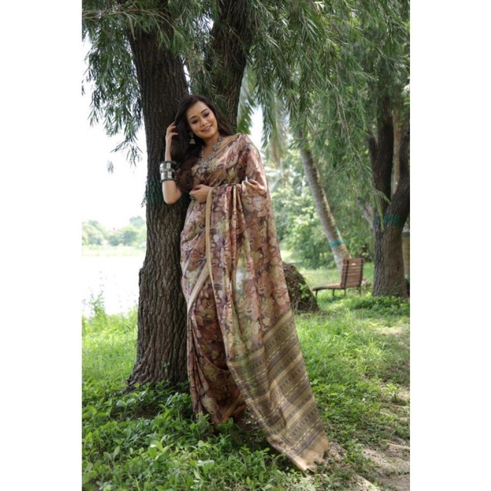 Generic Women's Faux_Tussar_Silk Abstract_Print Saree With Unstitched Blouse 5.5Mtr (Brown)