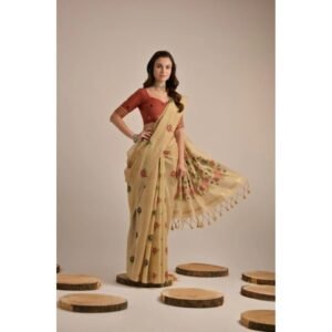 Generic Women's Blended_Cotton Floral Motifs And Woven Buttas Saree With Unstitched Blouse 5.5Mtr (Light_Beige)