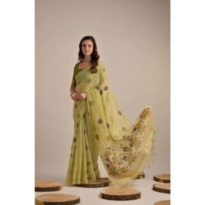 Generic Women's Blended_Cotton Floral Motifs And Woven Buttas Saree With Unstitched Blouse 5.5Mtr (Light_Green)
