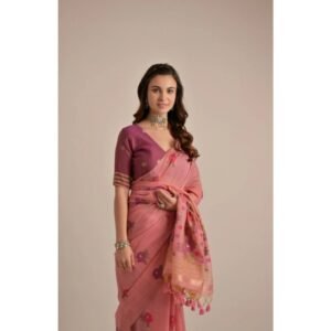 Generic Women's Blended_Cotton Floral Motifs And Woven Buttas Saree With Unstitched Blouse 5.5Mtr (Pink)