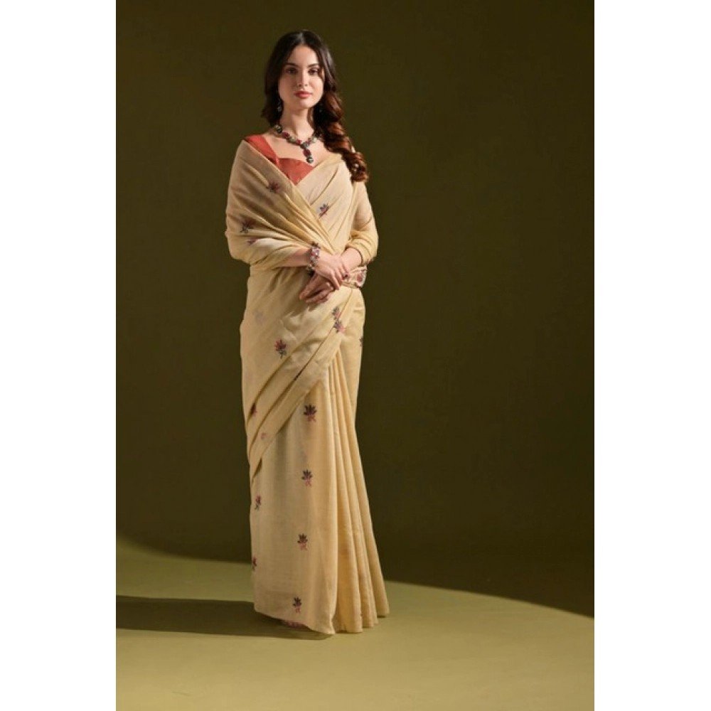 Generic Women's Blended_Cotton Floral Saree With Unstitched Blouse 5.5Mtr (Beige)