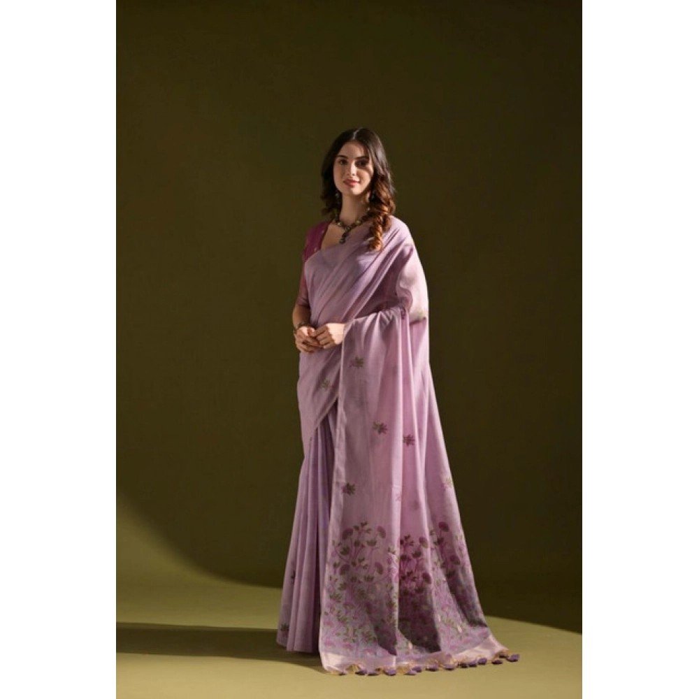 Generic Women's Blended_Cotton Floral Saree With Unstitched Blouse 5.5Mtr (Lavender)