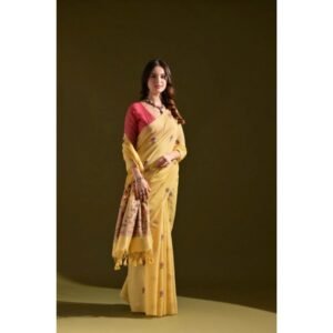 Generic Women's Blended_Cotton Floral Saree With Unstitched Blouse 5.5Mtr (Mustard)