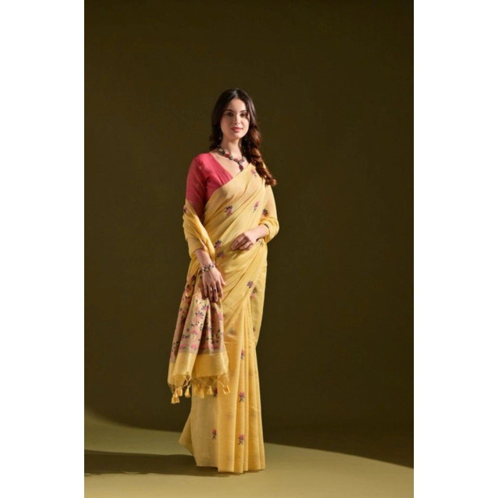 Generic Women's Blended_Cotton Floral Saree With Unstitched Blouse 5.5Mtr (Mustard)