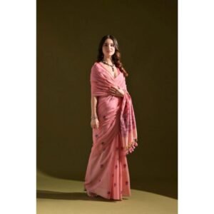Generic Women's Blended_Cotton Floral Saree With Unstitched Blouse 5.5Mtr (Pink)