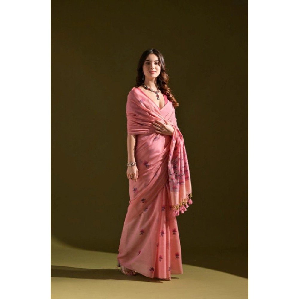 Generic Women's Blended_Cotton Floral Saree With Unstitched Blouse 5.5Mtr (Pink)