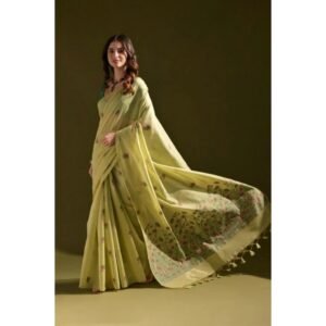 Generic Women's Blended_Cotton Floral Saree With Unstitched Blouse 5.5Mtr (Light_Green)