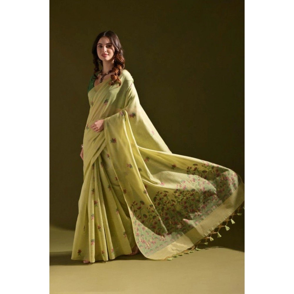Generic Women's Blended_Cotton Floral Saree With Unstitched Blouse 5.5Mtr (Light_Green)