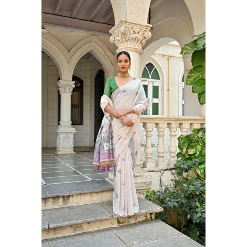 Generic Women's Blended_Cotton Floral Weaving Pattern Saree With Unstitched Blouse 5.5Mtr (Purple)