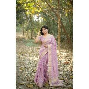 Generic Women's Silk_Blend Checked Saree With Unstitched Blouse 5.5Mtr (Lavender)