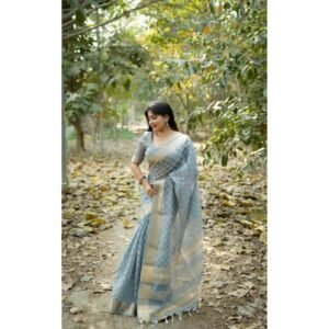 Generic Women's Silk_Blend Checked Saree With Unstitched Blouse 5.5Mtr (Sky_Blue)