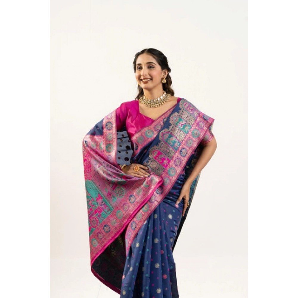 Generic Women's Faux_Banarasi Woven Motifs Saree With Unstitched Blouse 5.5Mtr (Navy_Blue)
