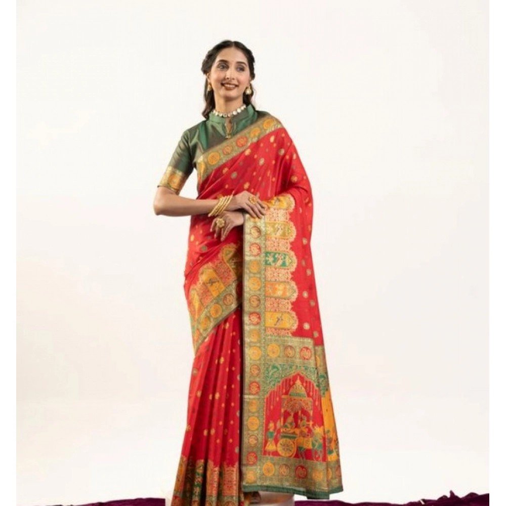 Generic Women's Faux_Banarasi Woven Motifs Saree With Unstitched Blouse 5.5Mtr (Orange)
