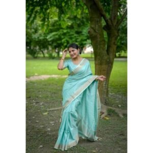 Generic Women's Faux_Banarasi Lining Pattern Saree With Unstitched Blouse 5.5Mtr (Light_Aqua_Blue)