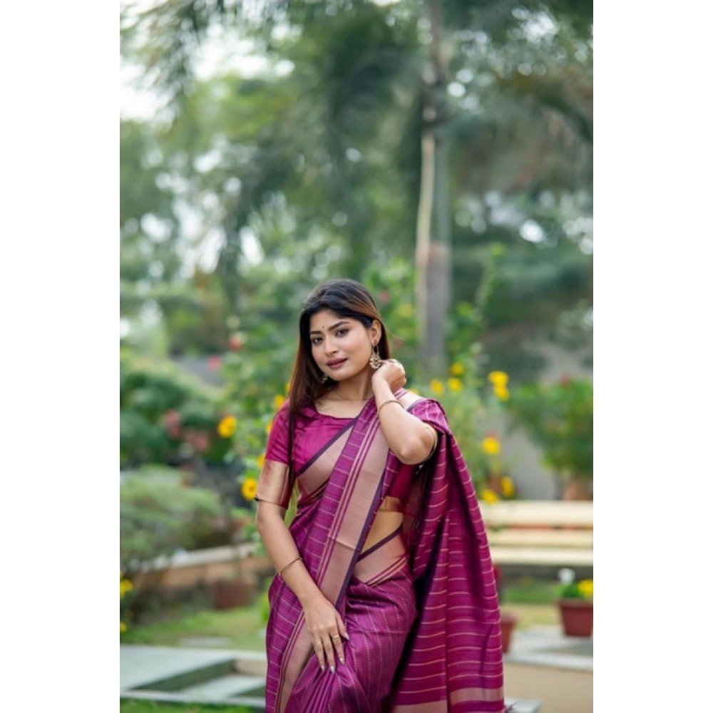 Generic Women's Faux_Banarasi Lining Pattern Saree With Unstitched Blouse 5.5Mtr (Magenta)
