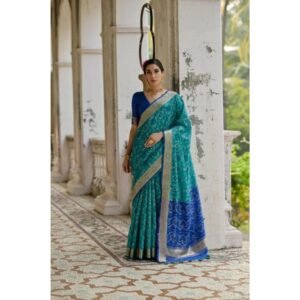 Generic Women's Silk_Blend Ethnic Ikat Pattern Saree With Unstitched Blouse 5.5Mtr (Teal)