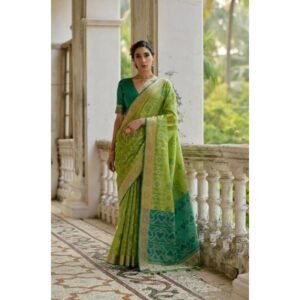 Generic Women's Silk_Blend Ethnic Ikat Pattern Saree With Unstitched Blouse 5.5Mtr (Light_Green)