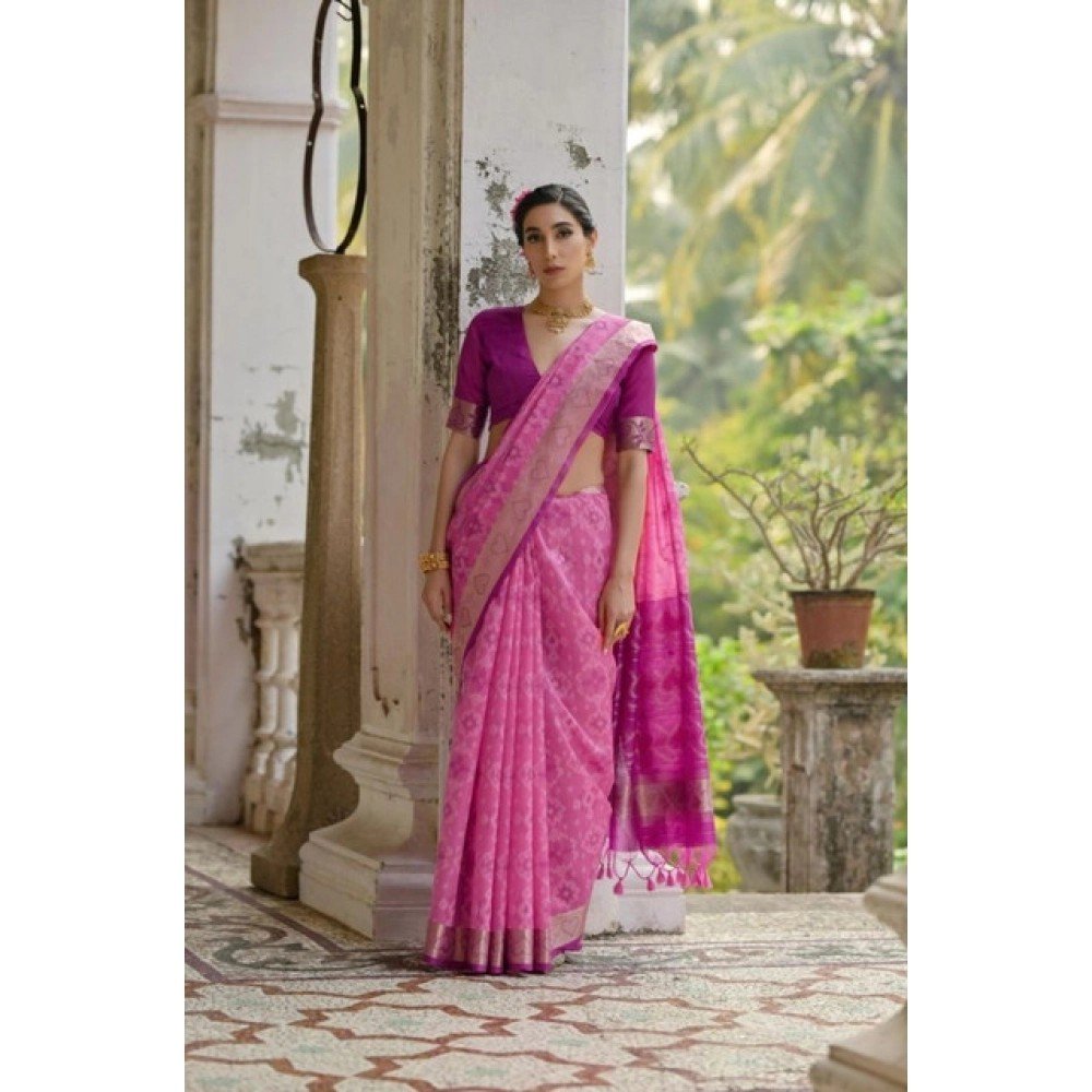 Generic Women's Silk_Blend Ethnic Ikat Pattern Saree With Unstitched Blouse 5.5Mtr (Pink)