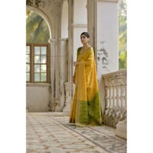 Generic Women's Silk_Blend Ethnic Ikat Pattern Saree With Unstitched Blouse 5.5Mtr (Yellow)