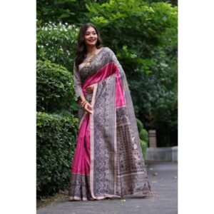 Generic Women's Faux_Tussar Ethnic_Print Saree With Unstitched Blouse 5.5Mtr (Pink)