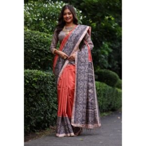 Generic Women's Faux_Tussar Ethnic_Print Saree With Unstitched Blouse 5.5Mtr (Rust)