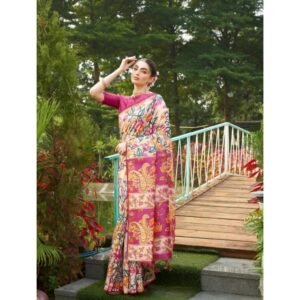 Generic Women's Faux_Tussar Kalamkari_Print Saree With Unstitched Blouse 5.5Mtr (Pink)