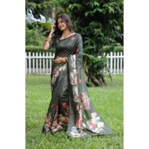 Generic Women's Faux_Tussar Floral Saree With Unstitched Blouse 5.5Mtr (Olive)