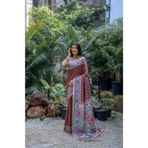 Generic Women's Faux_Tussar Geometric_Print Saree With Unstitched Blouse 5.5Mtr (Coffee)