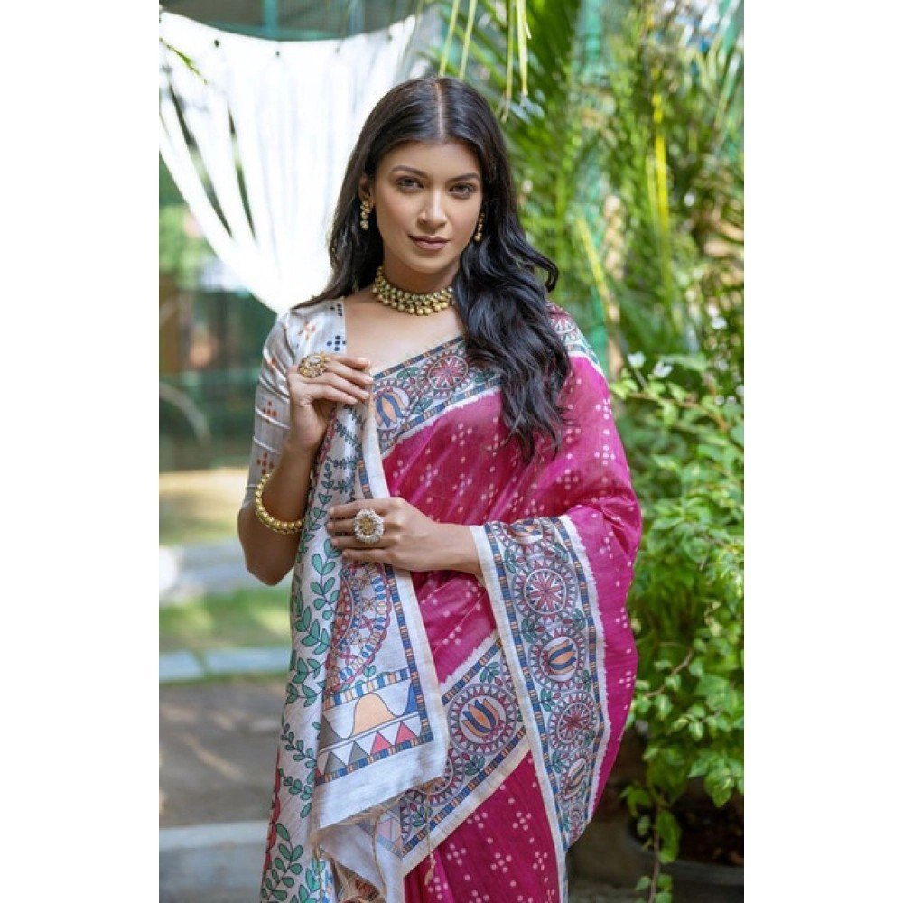 Generic Women's Faux_Tussar Geometric_Print Saree With Unstitched Blouse 5.5Mtr (Pink)