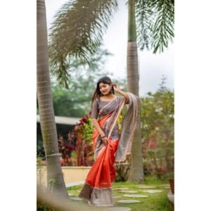 Generic Women's Faux_Tussar Geometric_Print Saree With Unstitched Blouse 5.5Mtr (Orange)