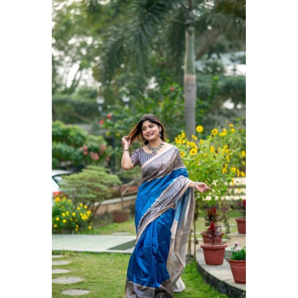 Generic Women's Faux_Tussar Geometric_Print Saree With Unstitched Blouse 5.5Mtr (Royal_Blue)