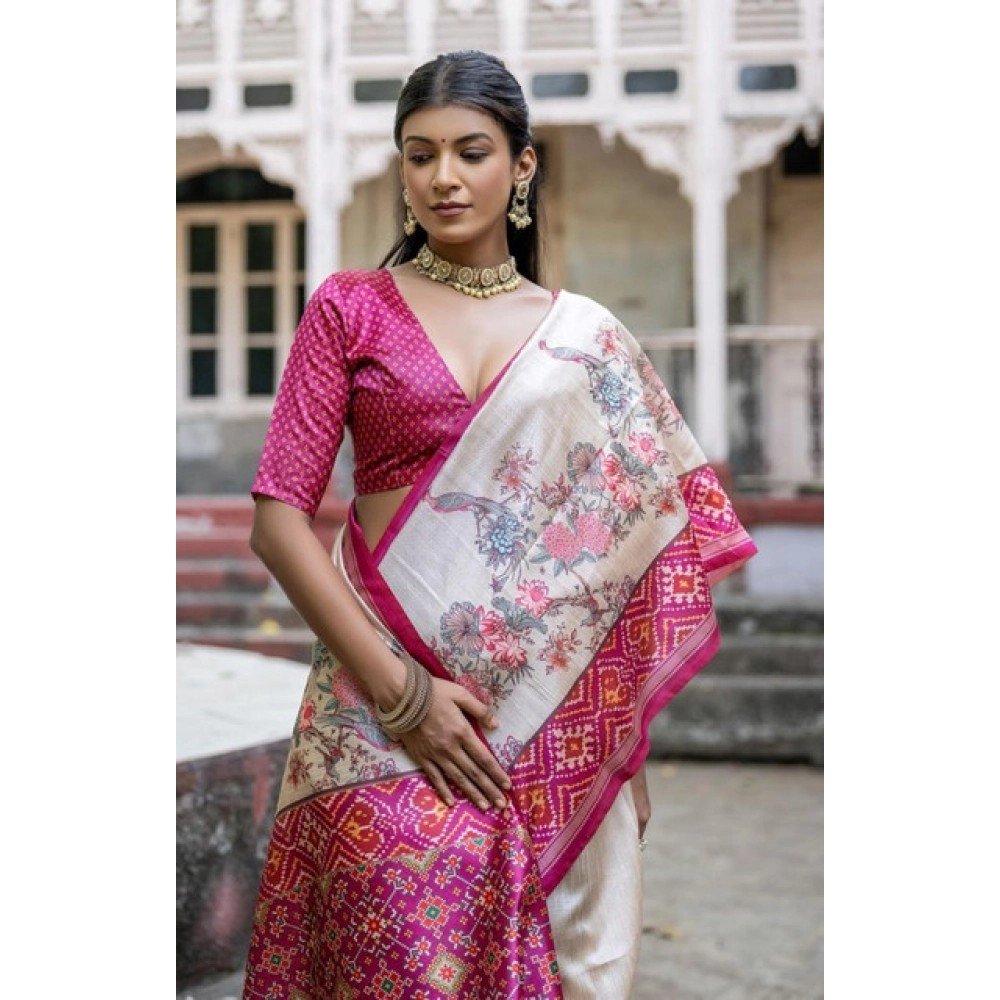 Generic Women's Faux_Tussar Floral Jal With Patola Print Saree With Unstitched Blouse 5.5Mtr (Pink)