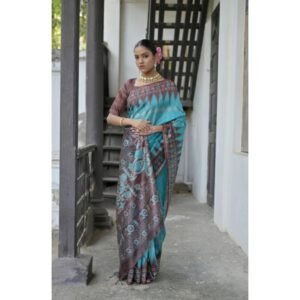 Generic Women's Faux_Tussar Ikat Saree With Unstitched Blouse 5.5Mtr (Aqua_Blue)
