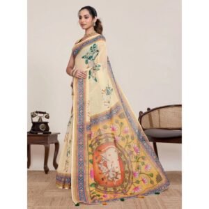 Generic Women's Linen Floral Printed Saree With Unstitched Blouse 5.5Mtr (Beige)