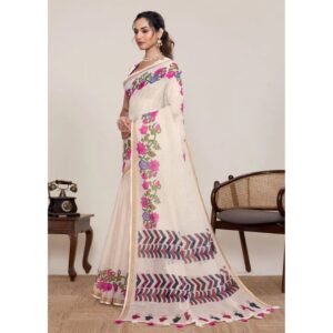 Generic Women's Linen Floral Printed Saree With Unstitched Blouse 5.5Mtr (Cream)