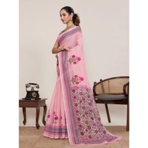 Generic Women's Linen Floral Printed Saree With Unstitched Blouse 5.5Mtr (Pink)