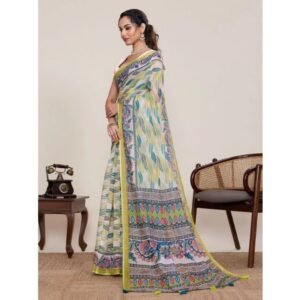 Generic Women's Linen Floral Printed Saree With Unstitched Blouse 5.5Mtr (Pista Green)